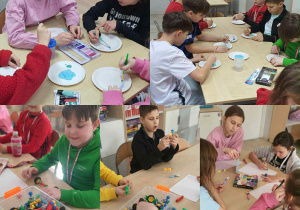 Kolaż zdjęć dzieci wykonujących prace plastyczne oraz konstrukcje z klocków