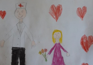 Rysunek lekarza i dziewczynki z kwiatami