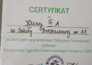 Certyfikat dla klasy 3a