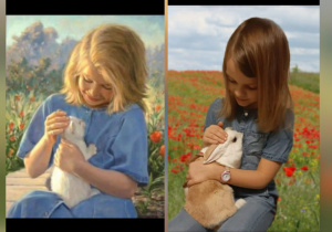 Ola Błaszkowska pozuje z królikiem do portretu dziewczynki nieznanego autora