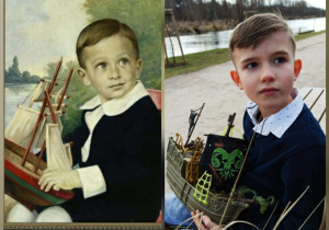 Witek Borowski pozuje do obrazu Witkacego "Portret chłopca z żaglówką"