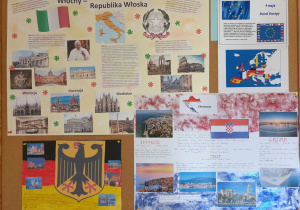 Plakaty państw europejskich zaprezentowane w korytarzu szkolnym