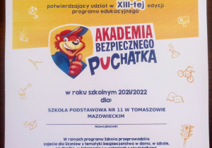 Certyfikat potwierdzający udział w programie "Akademia Bezpiecznego Puchatka".