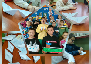 Kolaż zdjęć uczniów klasy 4b którzy wykonali modele papierowych łódek i statków