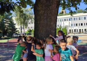 Dzieci z 2 a przytulają się do drzewa dołączając do Kampanii Przytul się do Drzewa