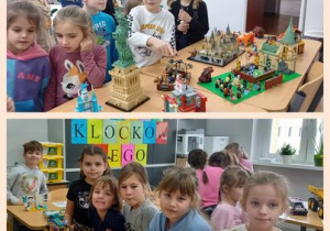 Uczniowie podziwiają konstrukcje z klocków LEGO