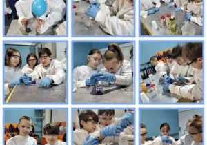 Kolaż zdjęć przedstawiający uczniów ubranych w białe fartuchy wykonujących eksperymenty