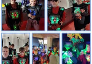 Kolaż zdjęć uczniów ubranych w specjalne kamizelki dłuższe do zabawy w Laser Arenie